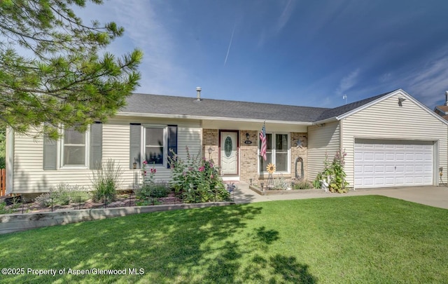 single story home with an attached garage, brick siding, a front yard, and concrete driveway