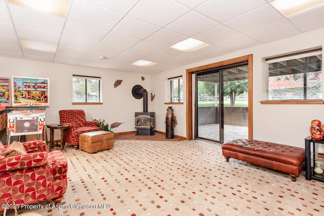 368 Meadow Ln, Glenwood Springs, CO 81601 - living area featuring a paneled ceiling, a wood stove, baseboards, and carpet flooring