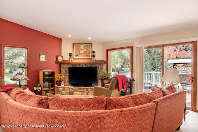 368 Meadow Ln, Glenwood Springs, CO 81601 - living area with carpet floors, a fireplace, recessed lighting, and vaulted ceiling