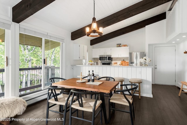35 Upper Woodbridge Rd Unit 18-Cd, Snowmass Village, CO 81615 - dining area featuring healthy amount of natural light, a chandelier, dark wood-type flooring, wooden ceiling, and a baseboard radiator
