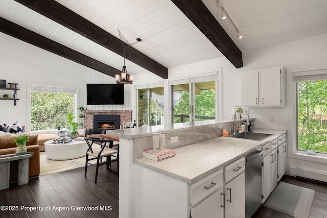 35 Upper Woodbridge Rd Unit 18-Cd, Snowmass Village, CO 81615 - kitchen featuring stainless steel dishwasher, open floor plan, a peninsula, white cabinets, and a fireplace