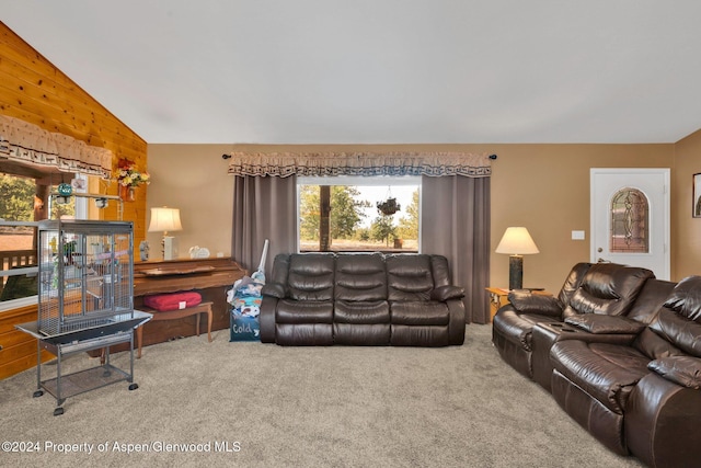 living room featuring carpet and vaulted ceiling