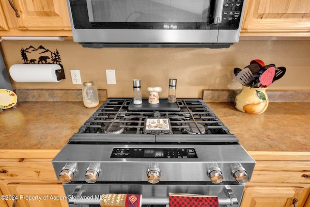 details with light brown cabinets and stove