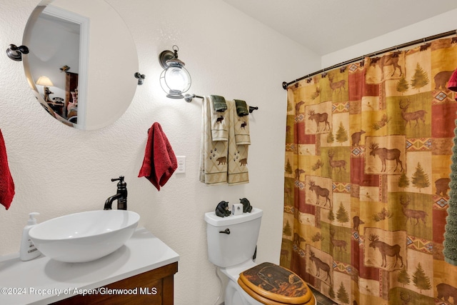 bathroom featuring walk in shower, vanity, and toilet