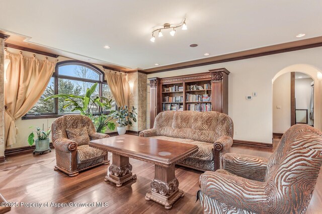 81 River Park Ln, Carbondale, CO 81623 - living area with arched walkways, ornamental molding, baseboards, wood finished floors, and recessed lighting