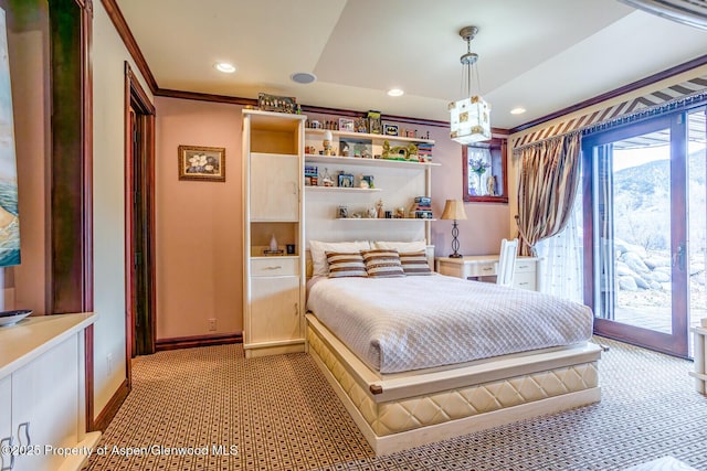81 River Park Ln, Carbondale, CO 81623 - bedroom featuring light carpet, access to exterior, baseboards, crown molding, and recessed lighting