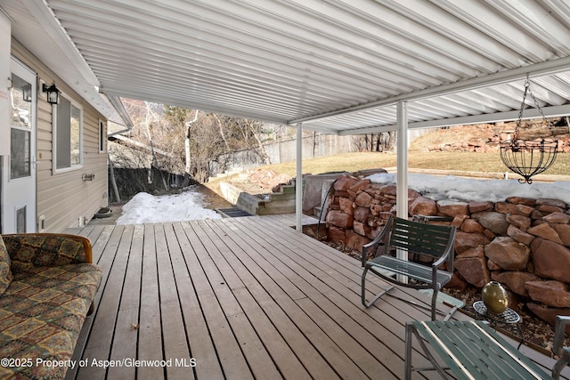 wooden deck with a fenced backyard