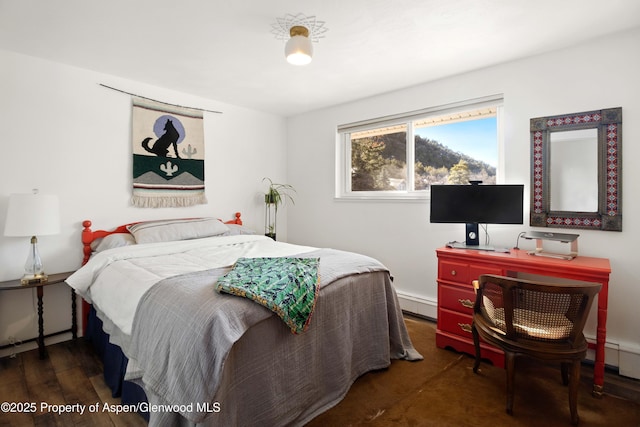 bedroom with a baseboard radiator and wood finished floors