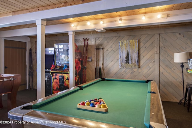 11101 County Road 117 Unit B4, Glenwood Springs, CO 81601 - rec room featuring wooden ceiling with exposed beams, billiards table, carpet floors, and wood walls
