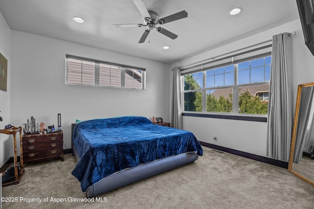 510 S Wildhorse Dr, New Castle, CO 81647 - bedroom featuring carpet, recessed lighting, baseboards, and ceiling fan