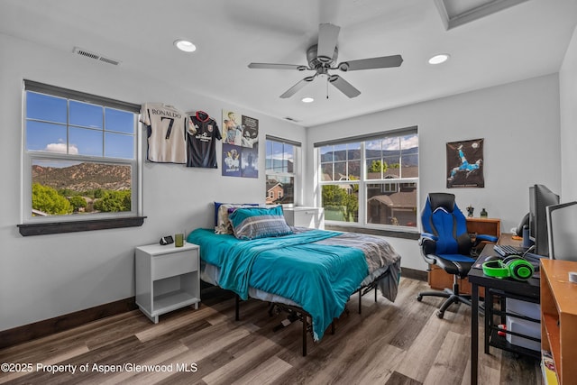 510 S Wildhorse Dr, New Castle, CO 81647 - bedroom featuring recessed lighting, wood finished floors, baseboards, a desk, and a ceiling fan