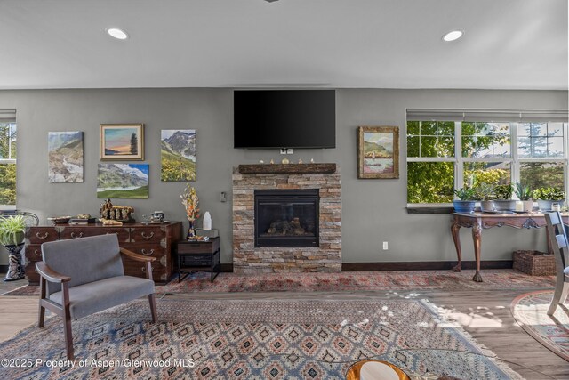 510 S Wildhorse Dr, New Castle, CO 81647 - living area featuring wood finished floors, a stone fireplace, recessed lighting, and baseboards