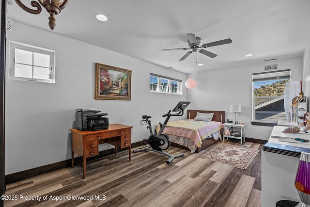 510 S Wildhorse Dr, New Castle, CO 81647 - bedroom with wood finished floors, baseboards, recessed lighting, and a ceiling fan