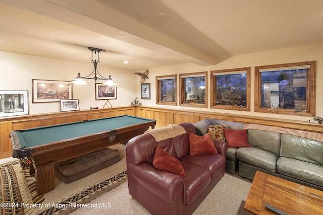 rec room with beam ceiling, light carpet, wood walls, and pool table