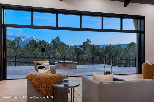 living room with a mountain view and hardwood / wood-style flooring