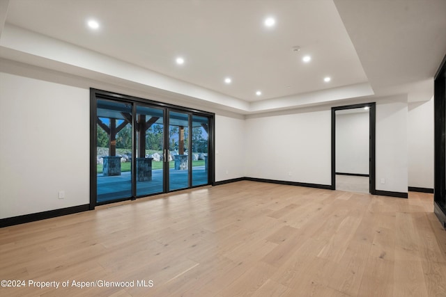 empty room with a raised ceiling and light hardwood / wood-style flooring