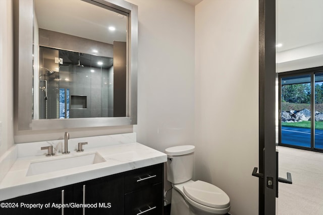 bathroom featuring a shower with door, vanity, and toilet