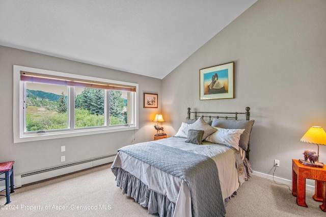 115 Harleston Grn Unit 63, Snowmass Village, CO 81615 - bedroom featuring baseboard heating, carpet, and lofted ceiling