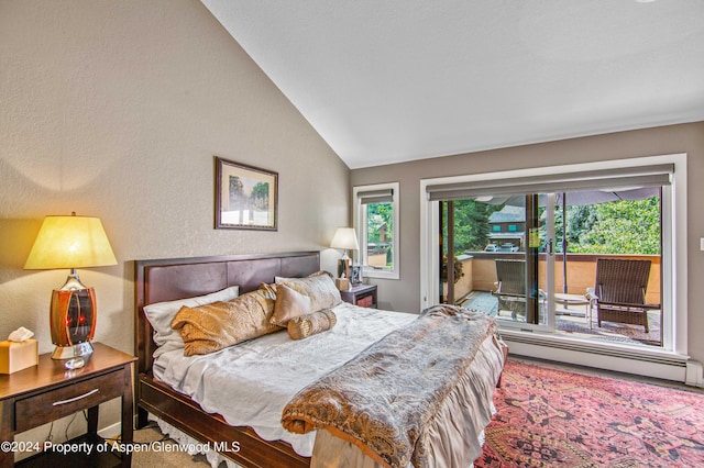 bedroom featuring a baseboard radiator and vaulted ceiling