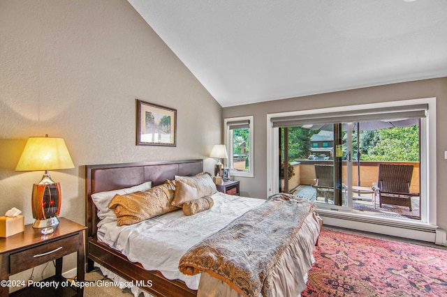 115 Harleston Grn Unit 63, Snowmass Village, CO 81615 - bedroom with vaulted ceiling, access to outside, a textured wall, and a baseboard radiator