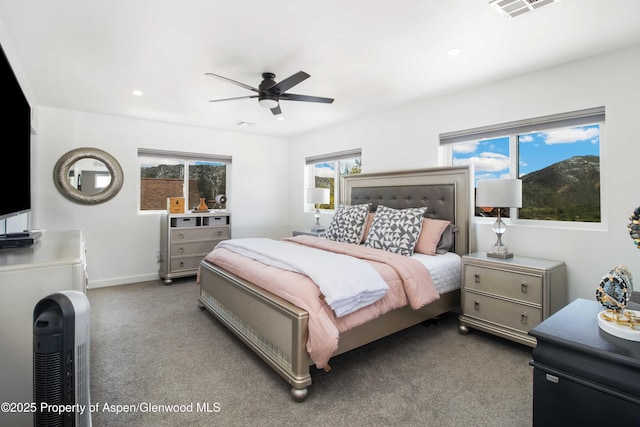 bedroom with carpet flooring, ceiling fan, recessed lighting, and baseboards