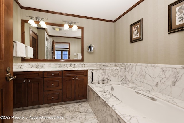 bathroom featuring tiled tub, vanity, and ornamental molding