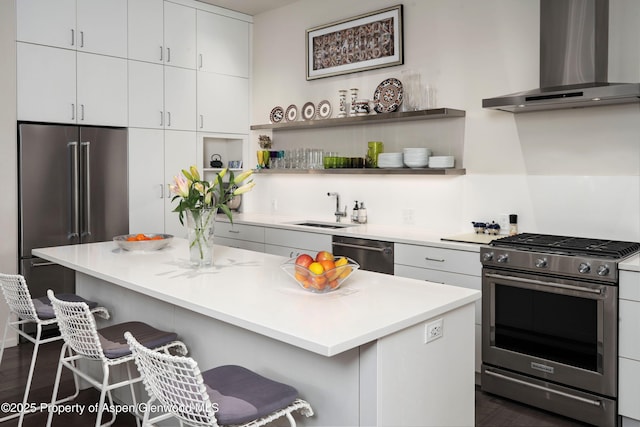 102 Evans Rd Unit 104, Basalt, CO 81621 - kitchen with wall chimney exhaust hood, appliances with stainless steel finishes, open shelves, a kitchen bar, and white cabinetry