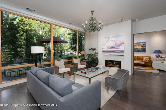102 Evans Rd Unit 104, Basalt, CO 81621 - living area featuring a chandelier, hardwood / wood-style floors, a glass covered fireplace, and track lighting