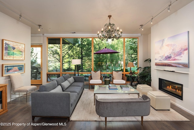 102 Evans Rd Unit 104, Basalt, CO 81621 - living room with rail lighting, a glass covered fireplace, hardwood / wood-style floors, and a chandelier