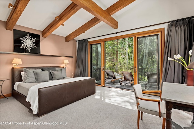 bedroom featuring lofted ceiling with beams, access to exterior, and carpet floors