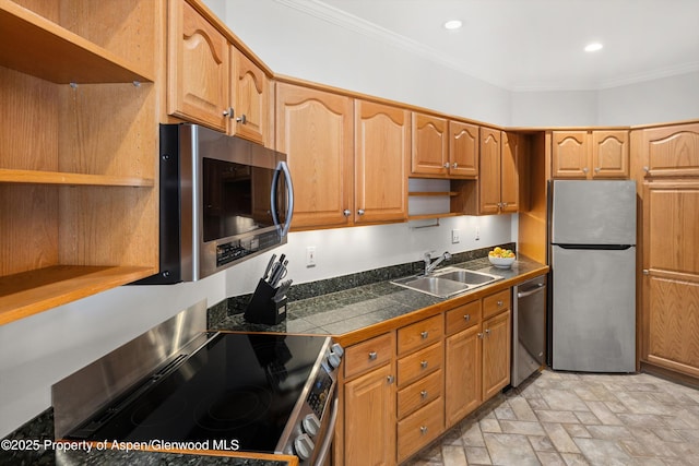 kitchen with crown molding, appliances with stainless steel finishes, and sink