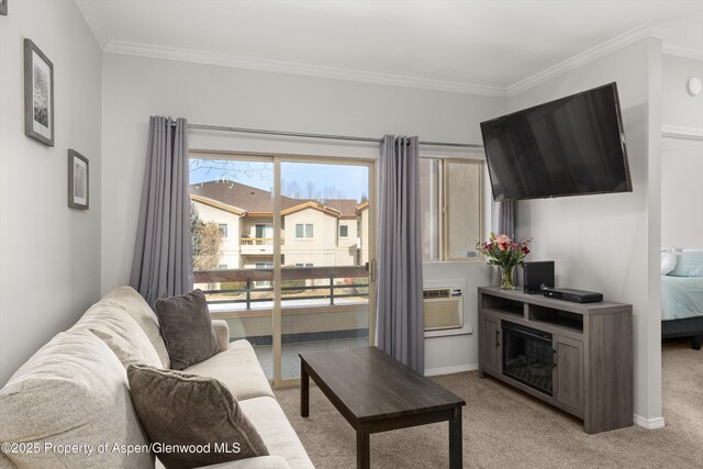 carpeted living room with crown molding, a healthy amount of sunlight, and a wall mounted air conditioner