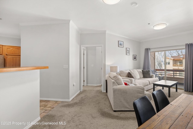 living room featuring light carpet and ornamental molding