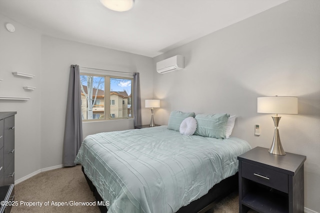 carpeted bedroom featuring an AC wall unit