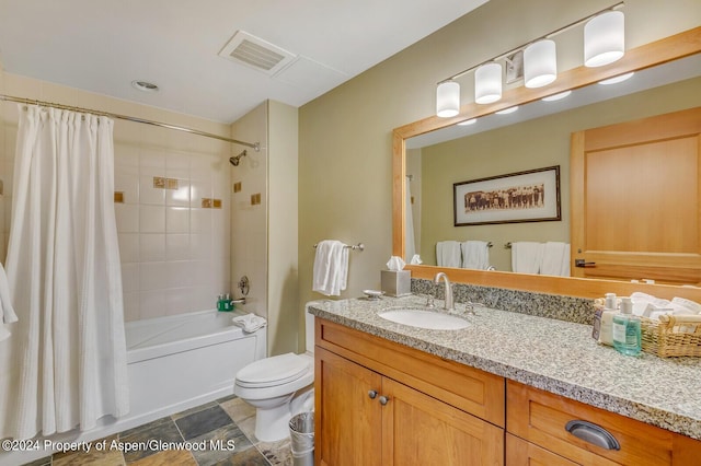 full bathroom with vanity, toilet, and shower / bathtub combination with curtain