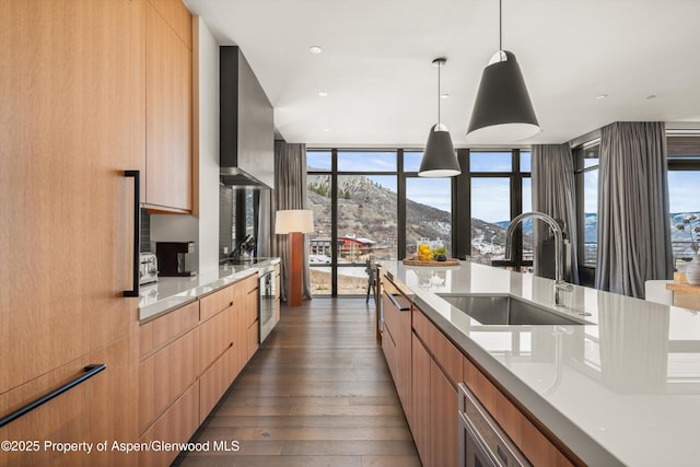 kitchen with a sink, dark wood-style floors, modern cabinets, and wall chimney exhaust hood