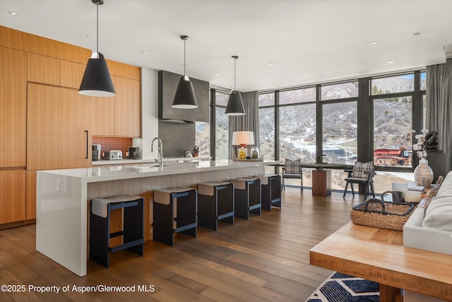 kitchen with dark wood-style flooring, a sink, light countertops, floor to ceiling windows, and modern cabinets