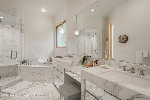 250 Mountain Laurel Dr Unit B, Aspen, CO 81611 - full bath featuring a bath, vanity, a marble finish shower, and recessed lighting