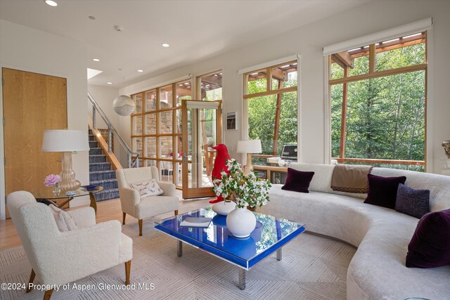 250 Mountain Laurel Dr Unit B, Aspen, CO 81611 - living area featuring stairs, recessed lighting, and wood finished floors
