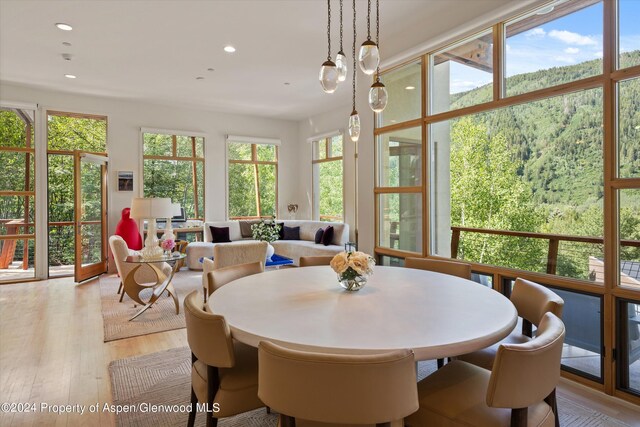 250 Mountain Laurel Dr Unit B, Aspen, CO 81611 - dining room featuring recessed lighting, light wood-style flooring, and a wooded view