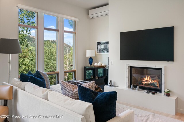 250 Mountain Laurel Dr Unit B, Aspen, CO 81611 - living area with a wall unit AC, a fireplace, and wood finished floors