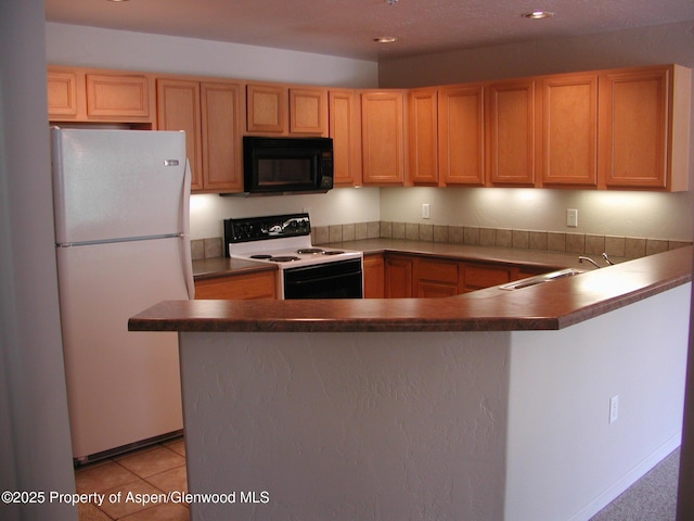 2701 Midland Ave Unit 0511, Glenwood Springs, CO 81601 - kitchen with black microwave, a sink, light brown cabinets, freestanding refrigerator, and range with electric stovetop