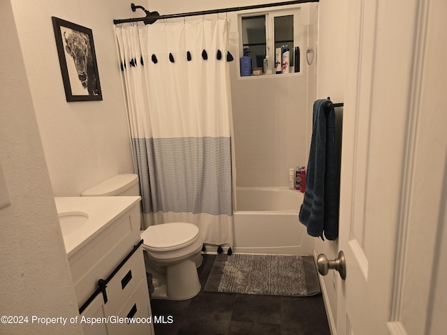 full bathroom featuring vanity, toilet, and shower / tub combo