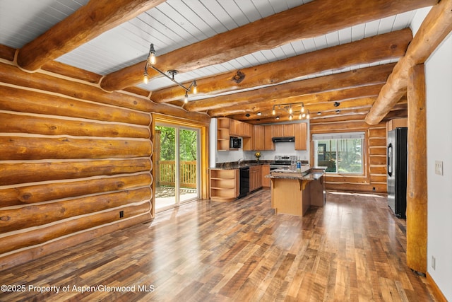 1116 Walz Ave, Glenwood Springs, CO 81601 - kitchen featuring open shelves, black appliances, dark wood-style floors, under cabinet range hood, and a kitchen island