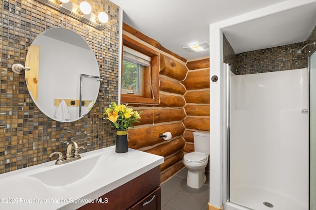 1116 Walz Ave, Glenwood Springs, CO 81601 - full bath featuring log walls, vanity, a shower stall, toilet, and tile patterned flooring