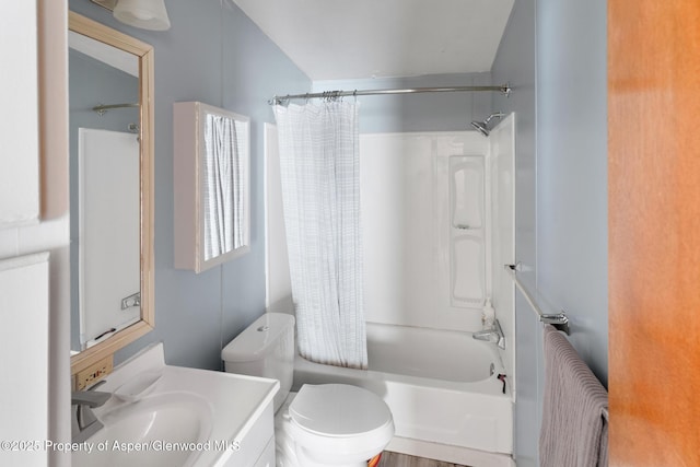 full bathroom with toilet, vanity, and shower / bathtub combination with curtain