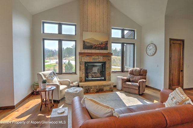 living room featuring a fireplace, a high ceiling, and light hardwood / wood-style floors