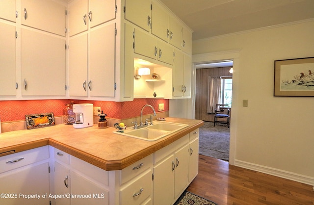 kitchen featuring a sink, ornamental molding, light countertops, decorative backsplash, and dark wood-style floors