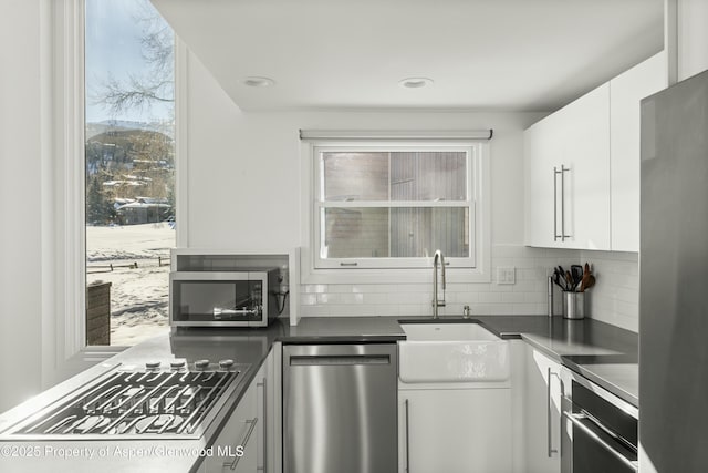 kitchen featuring white cabinetry, stainless steel appliances, sink, and backsplash