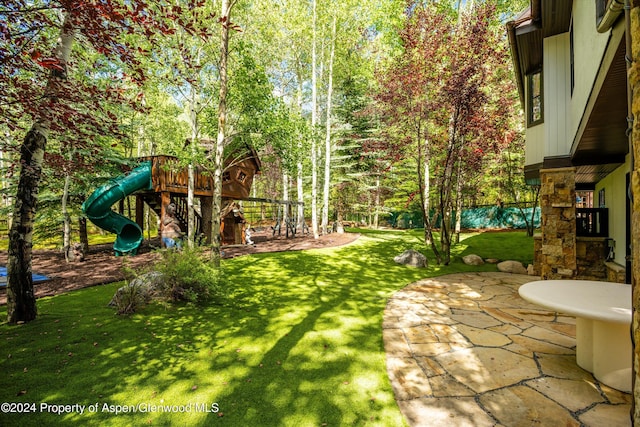 view of yard with a patio area and a playground